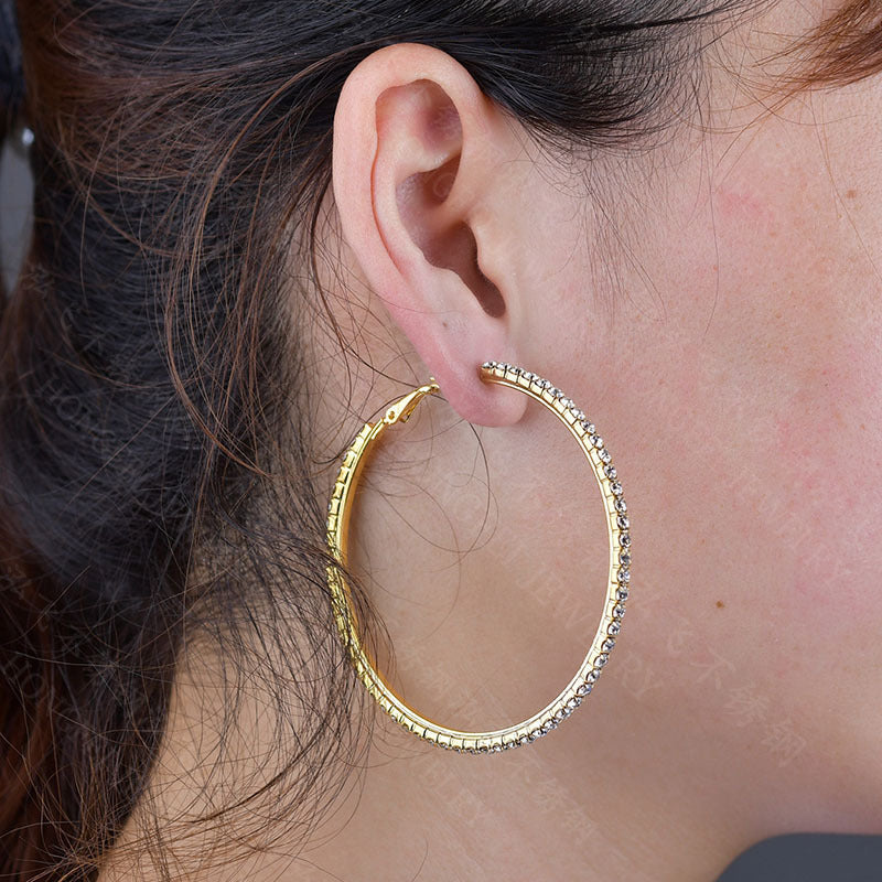 Stainless Steel Rhinestone Large Hoop Earrings For Women