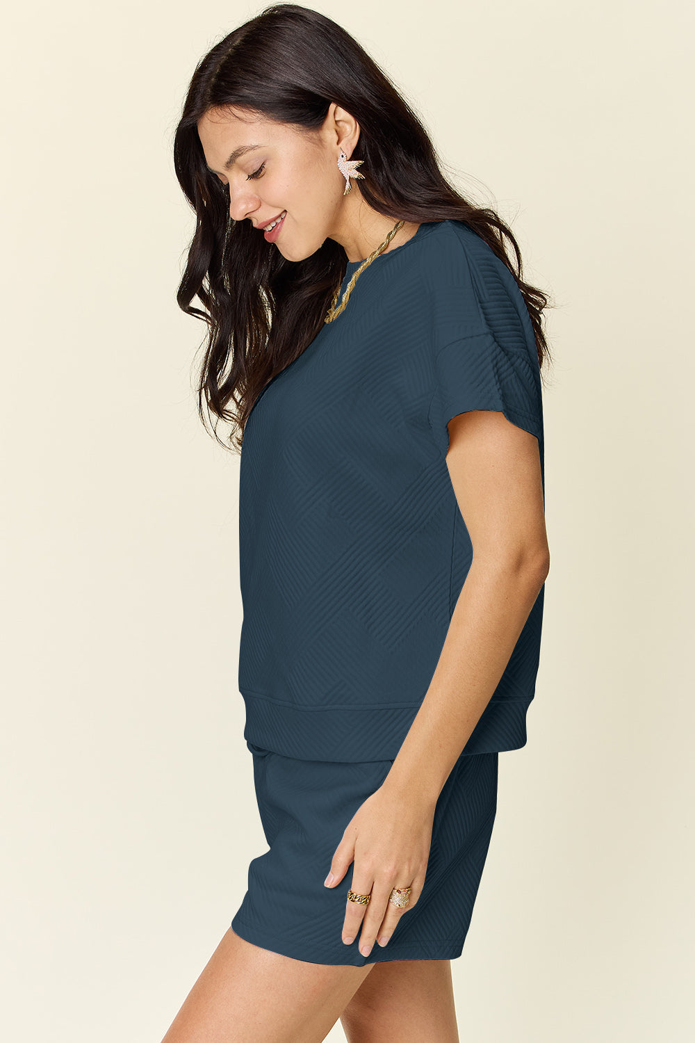 White Textured Drawstring Shorts and Relaxed Tee Lounge Set - Image 22
