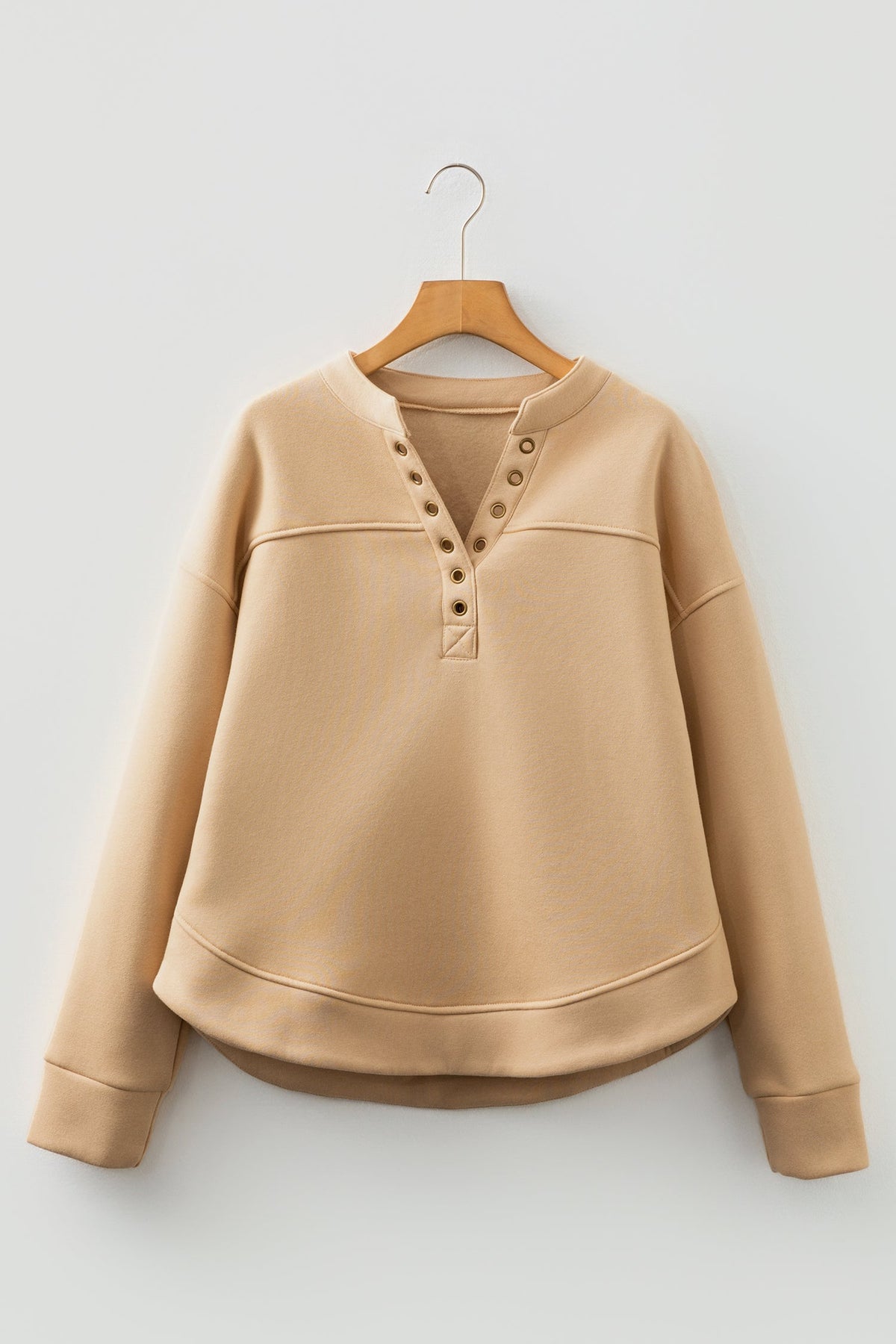 Solid Grommet V-Neck Drop Shoulder Sweatshirt