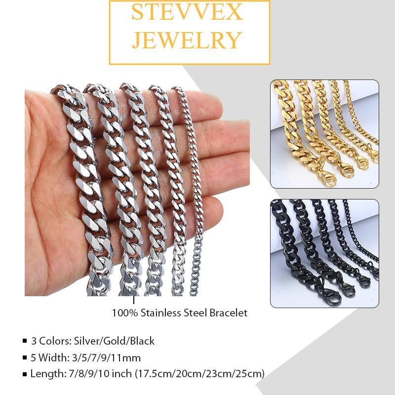 Unisex Modern Cuban Link Chain Bracelet in Silver Gold and Black