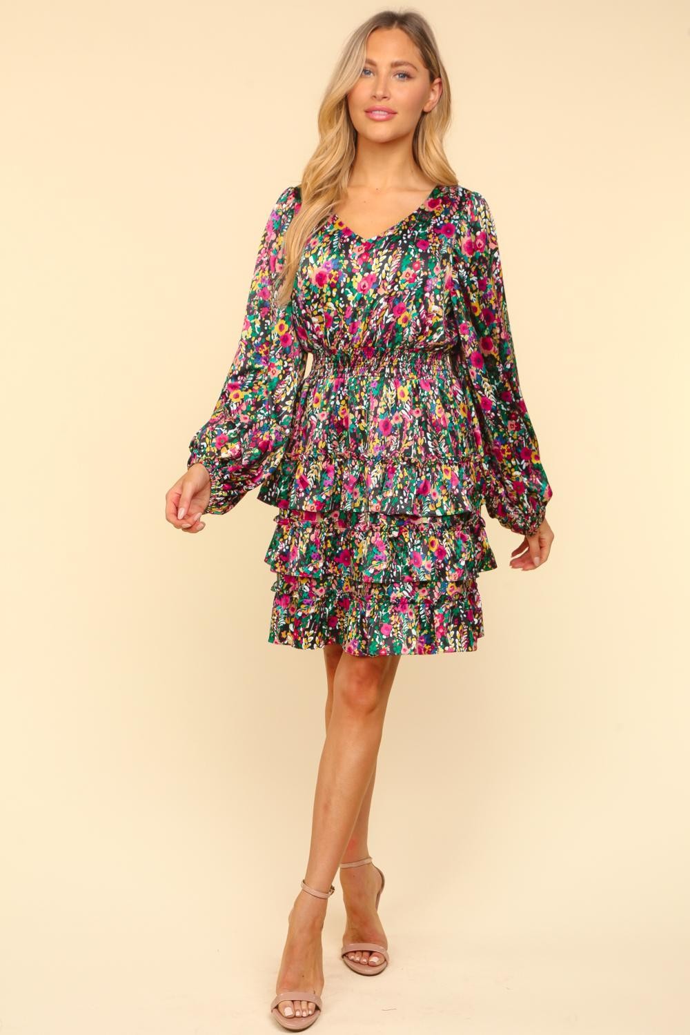 Floral Satin V-Neck Layered Dress for Summer Parties