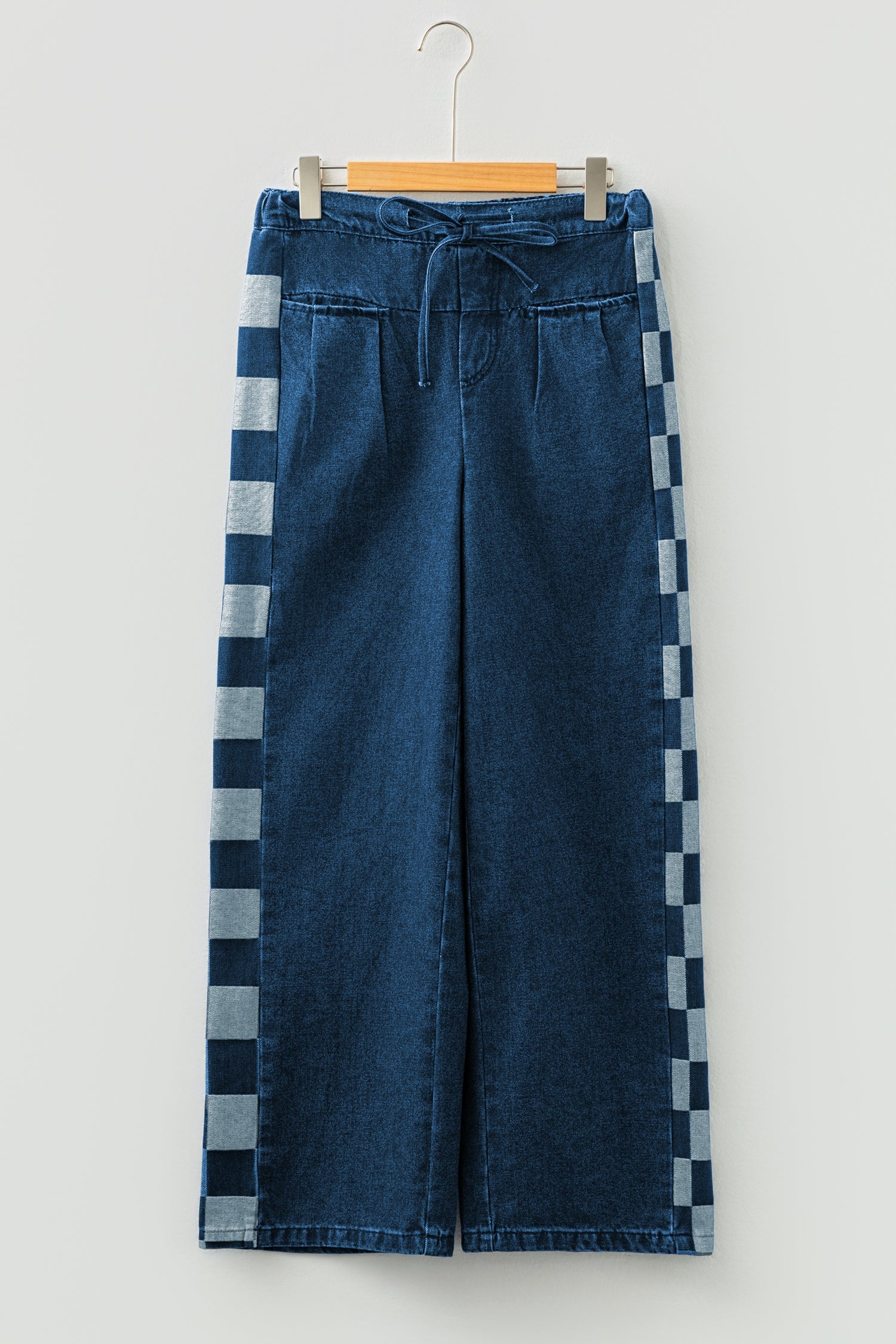 Sail Blue Checkered Patchwork Drawstring Loose Denim Pants