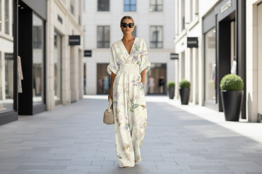 Women's V-Neck Floral Print Wide-Leg Jumpsuit with Cinched Waist - Image 2