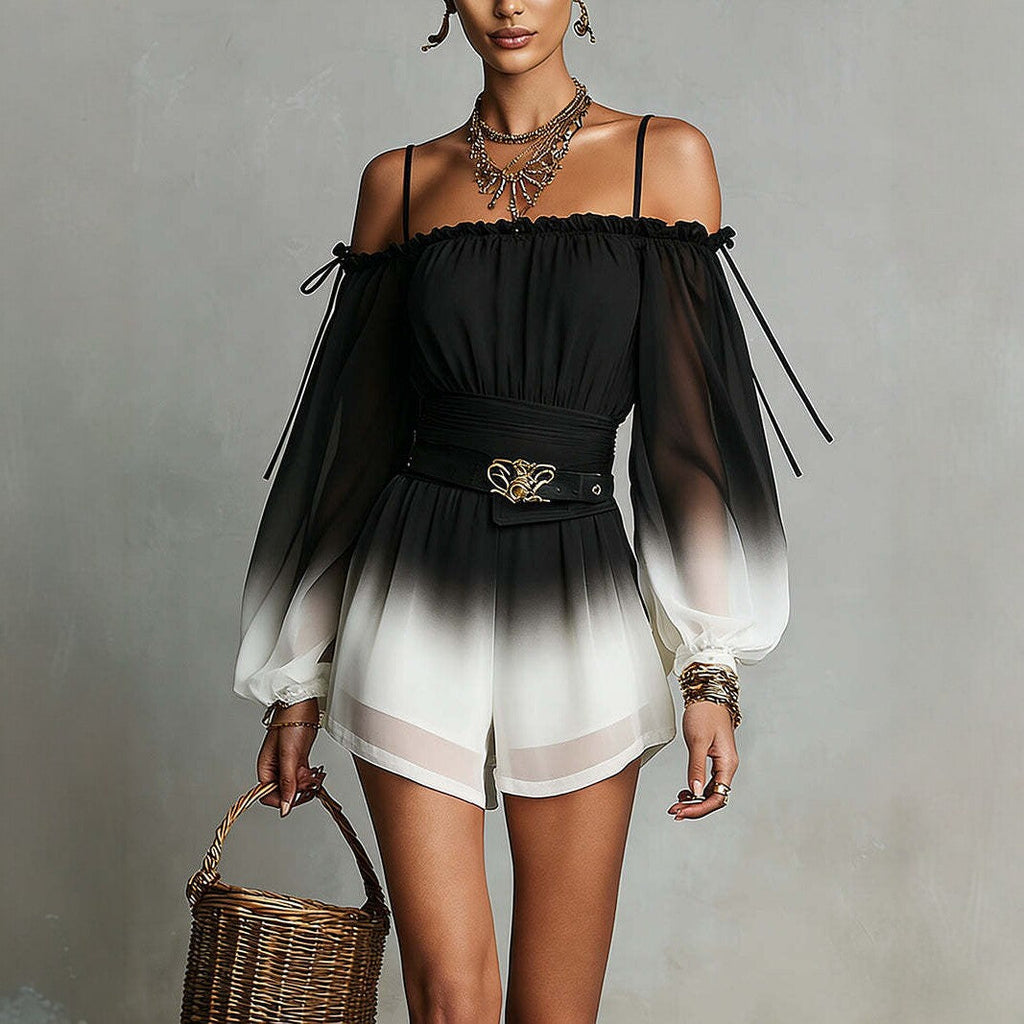 Off-Shoulder Ombre Puff-Sleeve Chiffon Romper with Belt - Image 6