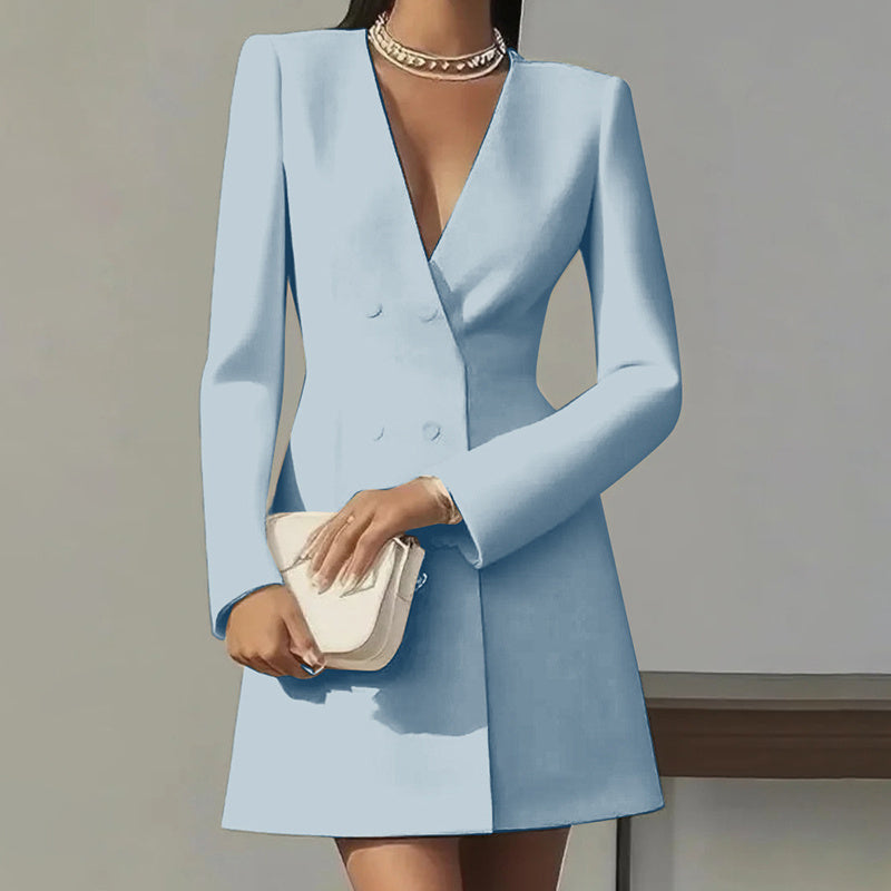 Deep V-Neck Double-Breasted Blazer Dress A-Line Mini - Image 9