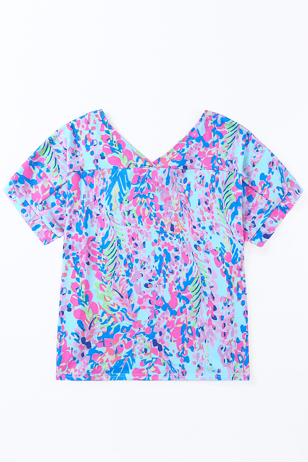 Pastel Blue Abstract Floral Print V-Neck Short Sleeve T-Shirt