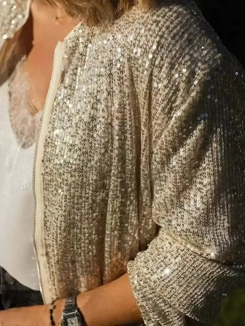 Sequin Zip Up Long Sleeve Jacket