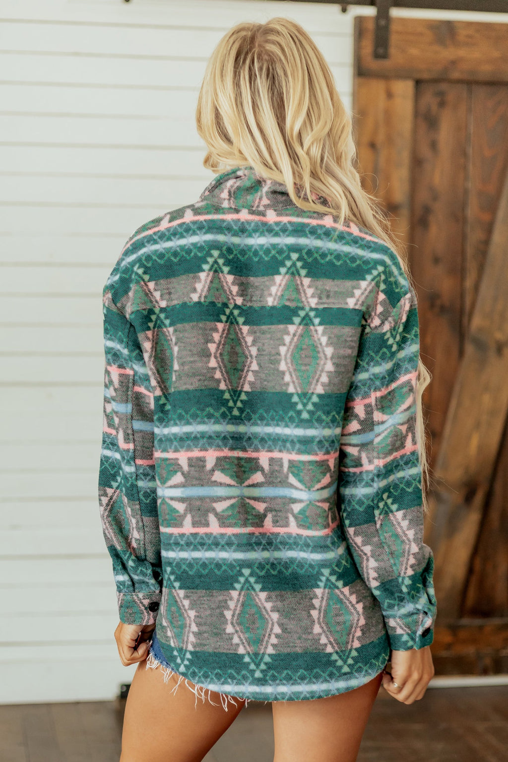 Green Geometric Print Button Front Long Sleeve Shacket