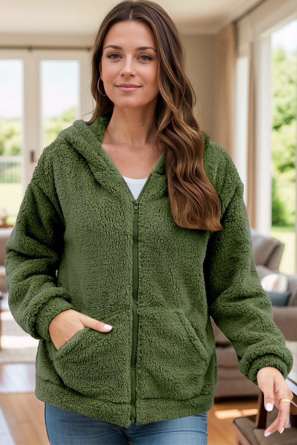 Zip Up Fuzzy Hooded Hoodie | Soft Long Sleeve Outerwear