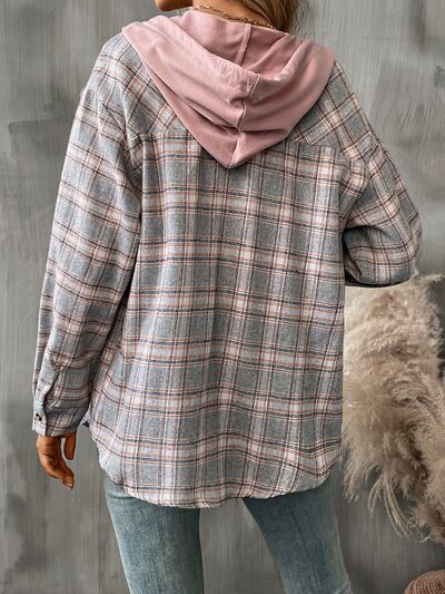 Women's Plaid Button-Down Hooded Jacket Cotton-Blend Shacket