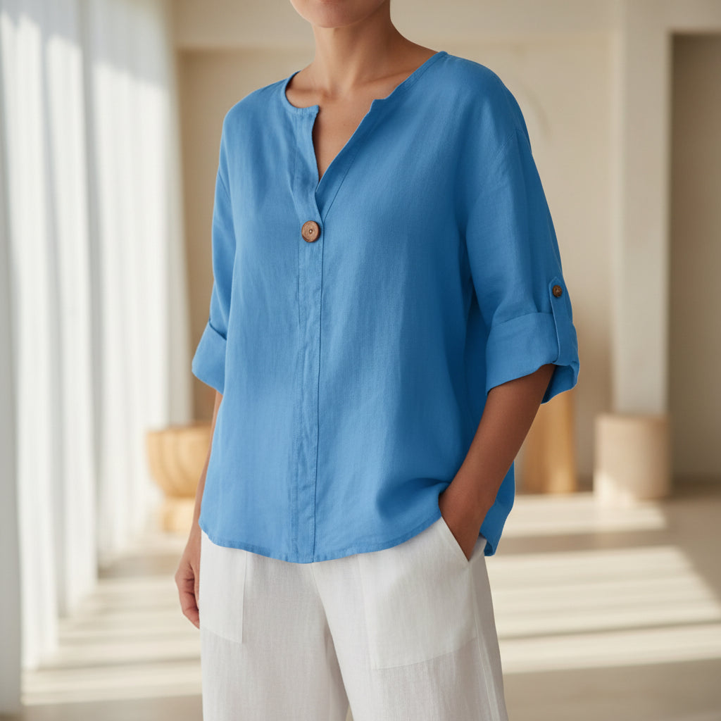 Women's V-Neck Long-Sleeve Linen Button Top – Loose Casual Blouse