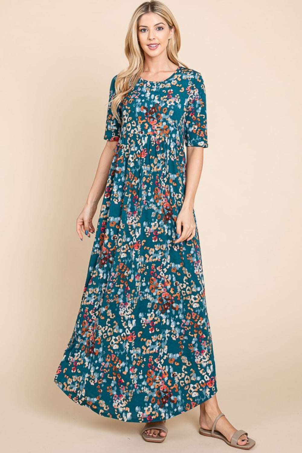 Shirred Maxi Dress in Teal and Multicolor Floral