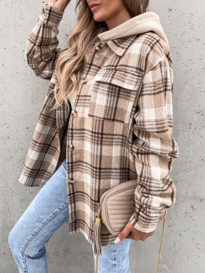 Camel Plaid Button Up Jacket with Removable Hood