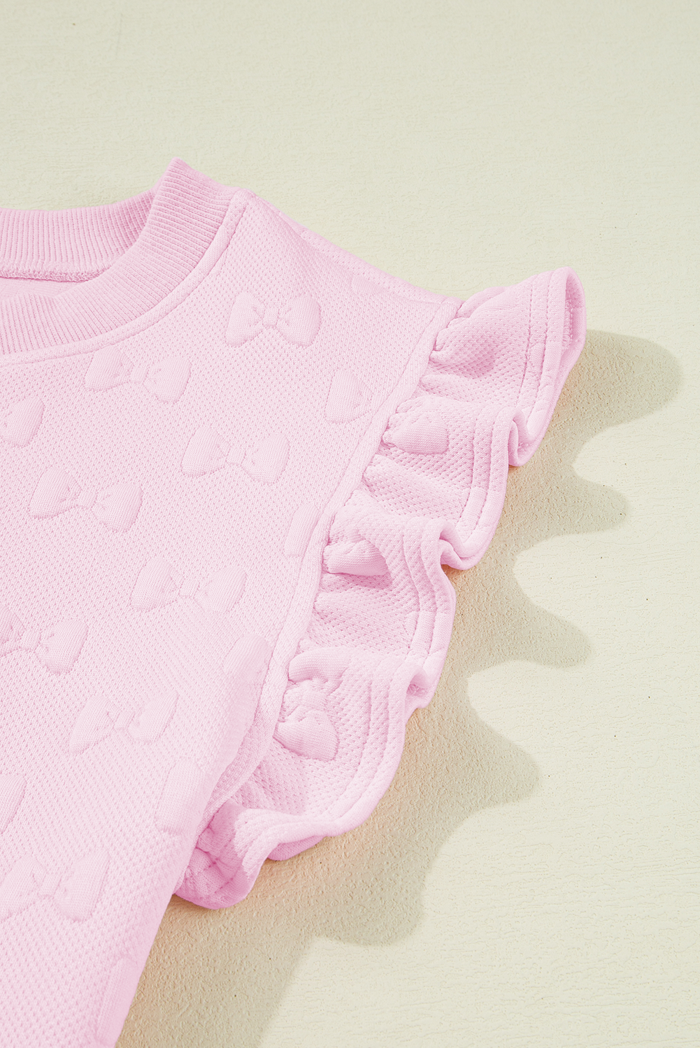 Pink Bow Jacquard Ruffle Sleeve 2-Piece Outfit Set