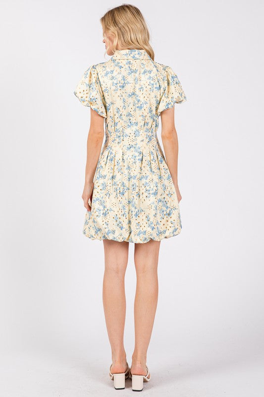 Floral Eyelet Zipper Front Puff Sleeve Mini Dress