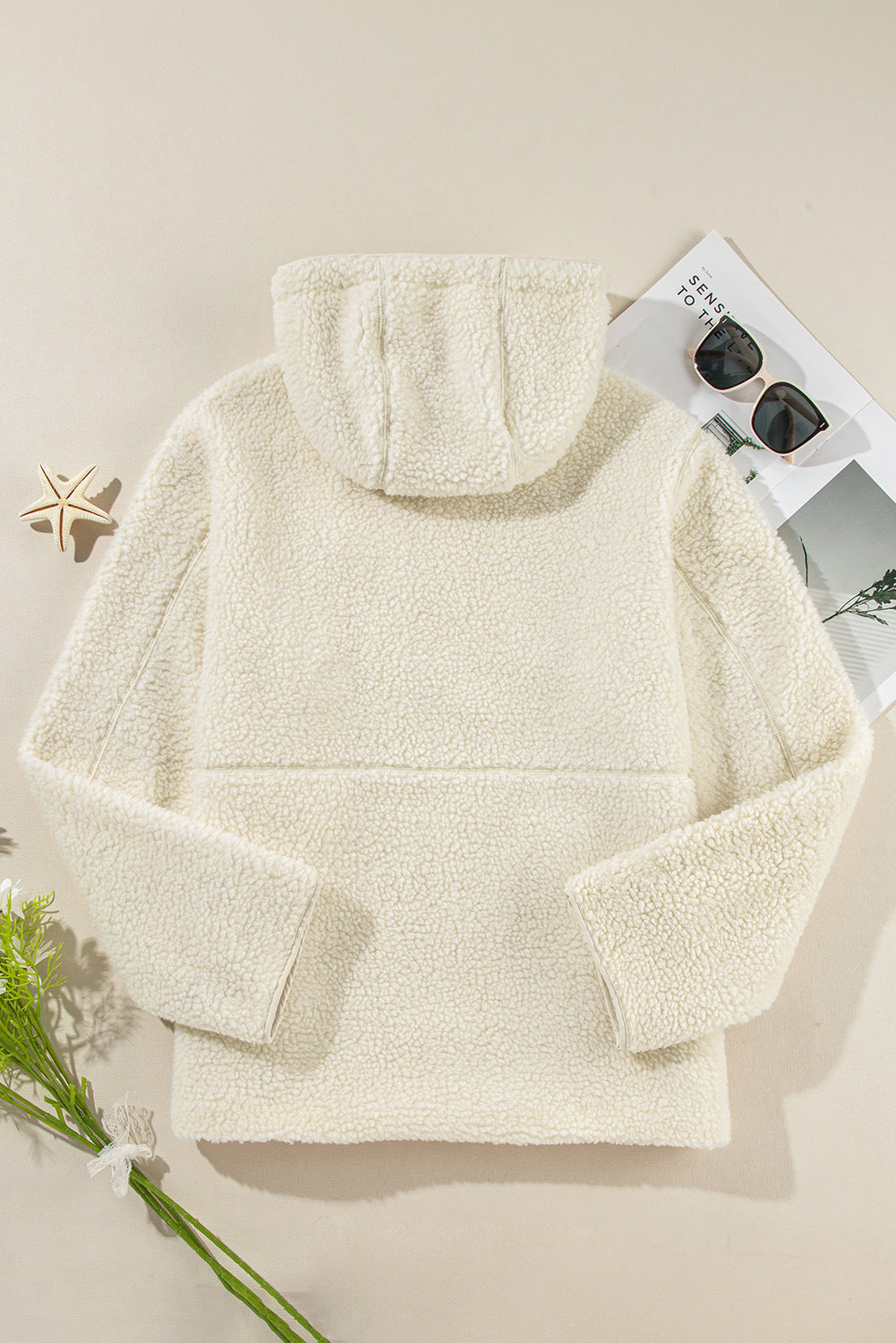 Women's Solid Fleece Zip-Up Hooded Jacket with Drawstring Pockets