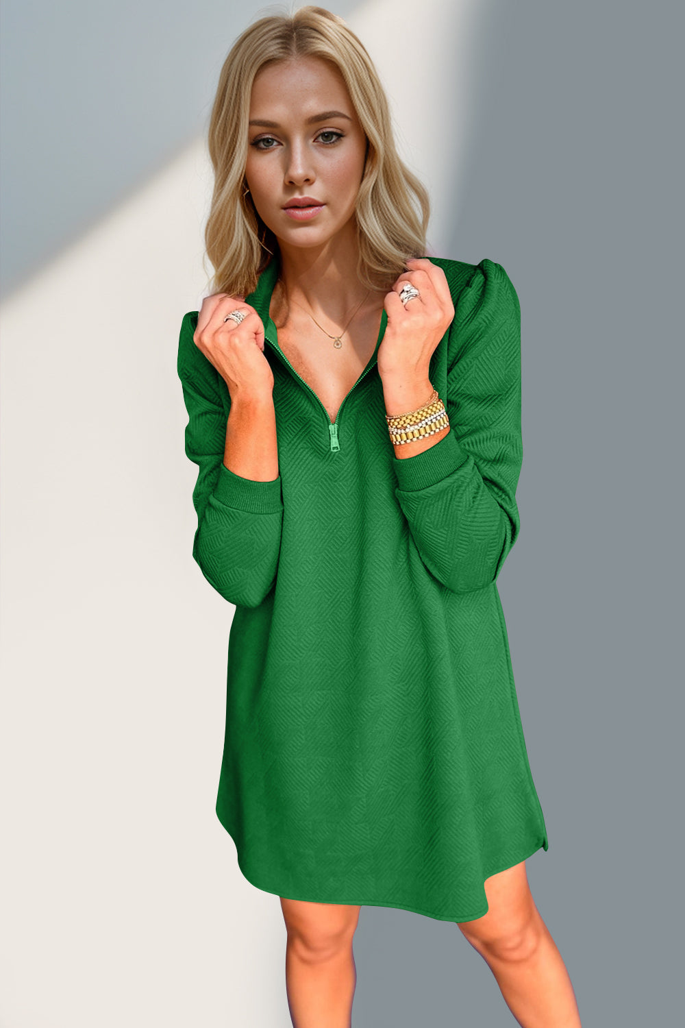 Textured Zip-Front Long Sleeve Dress - Elegant Women's Apparel