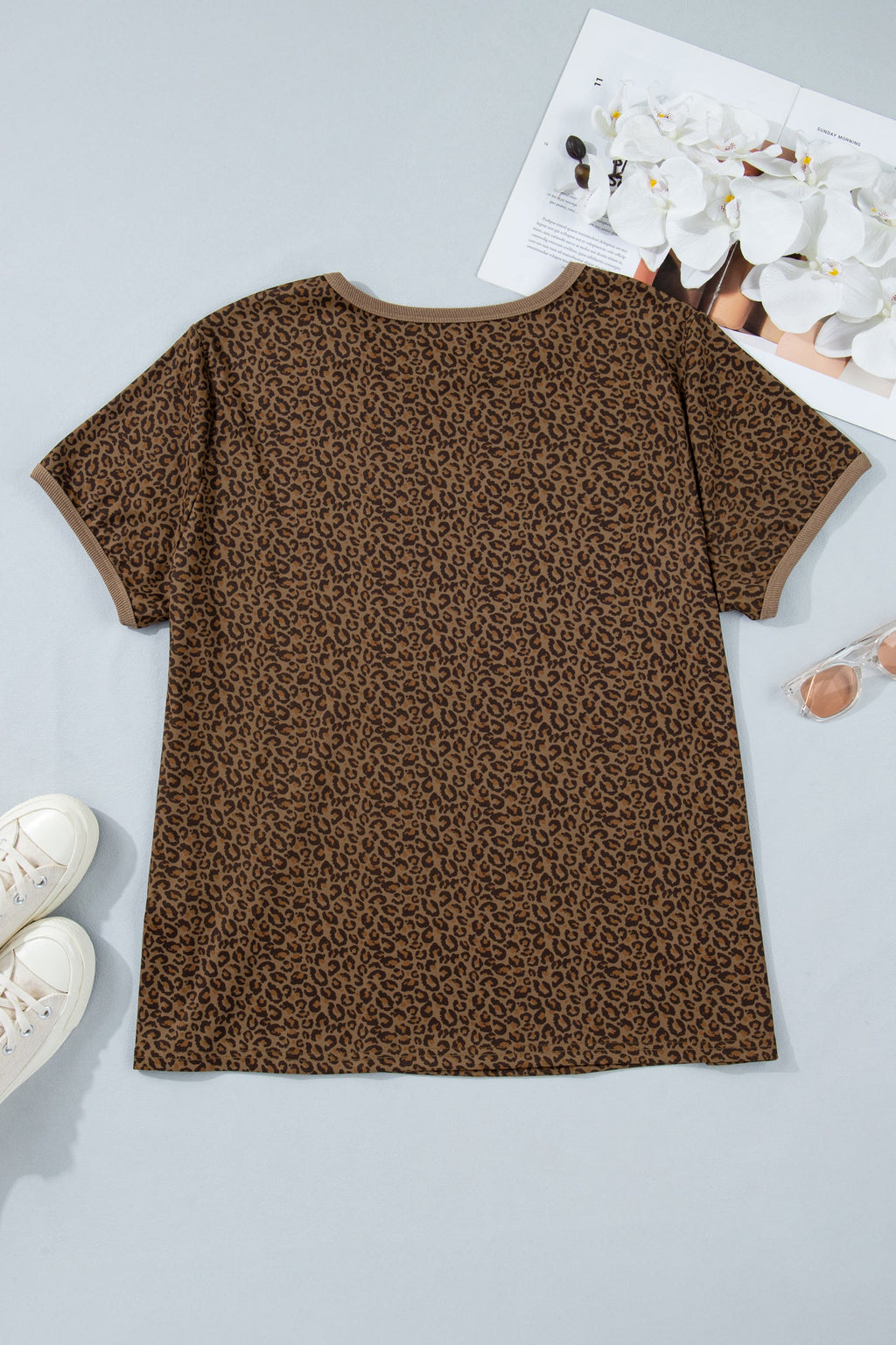 Leopard Print Short Sleeve Tee with Ribbed Trim in Brown Black