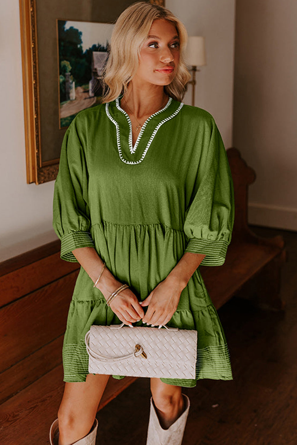 Jungle Green V Neck 3/4 Sleeve Swing Mini Dress