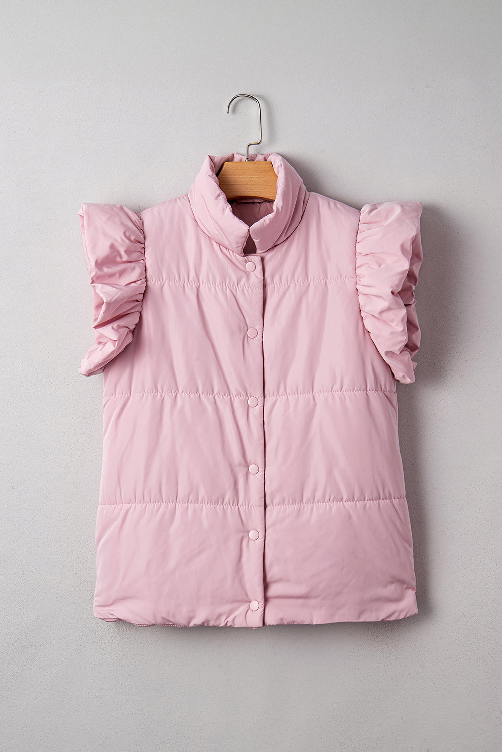 Women's Pink Solid Flutter Sleeve Puffer Vest with Snap Buttons
