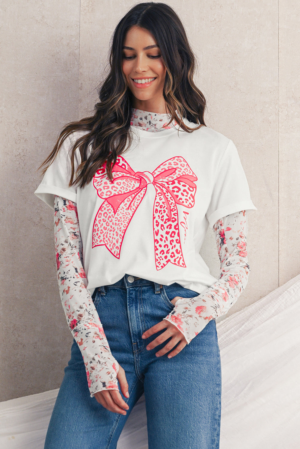 White Leopard Bowknot Graphic Crew Neck Tee | Soft Cotton Blend