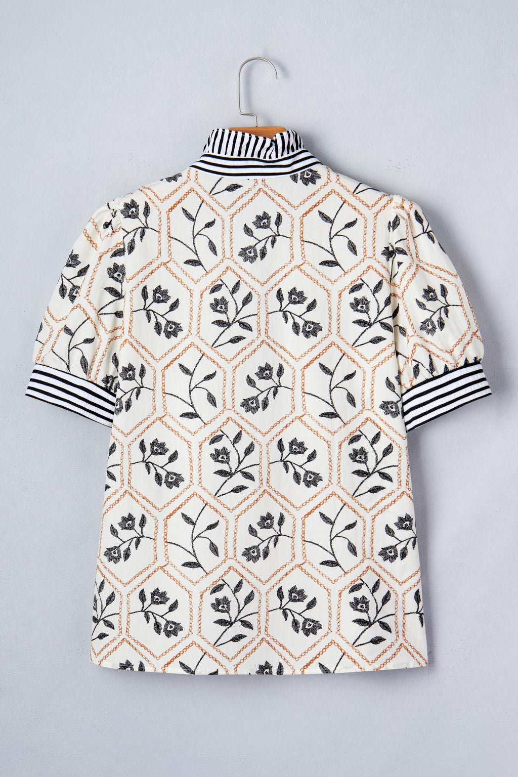 Women's Floral Stripe Patchwork Button Neck Blouse