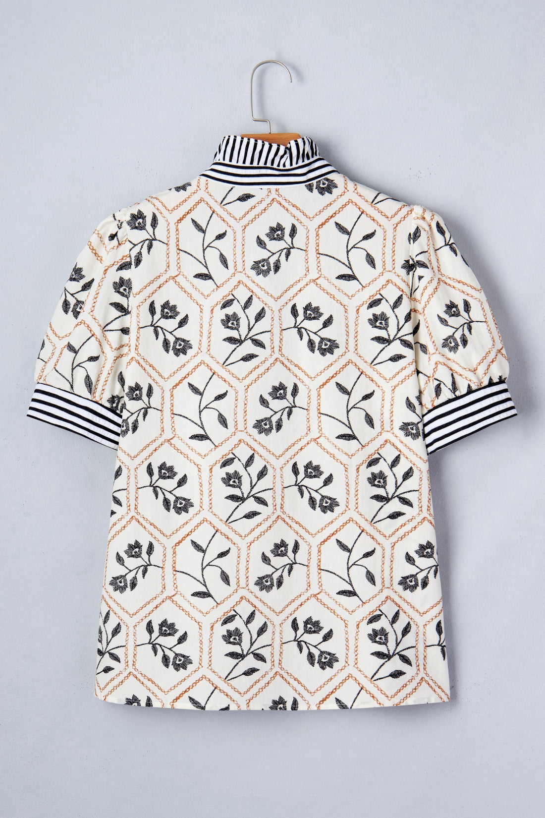 Women's Floral Stripe Patchwork Button Neck Blouse