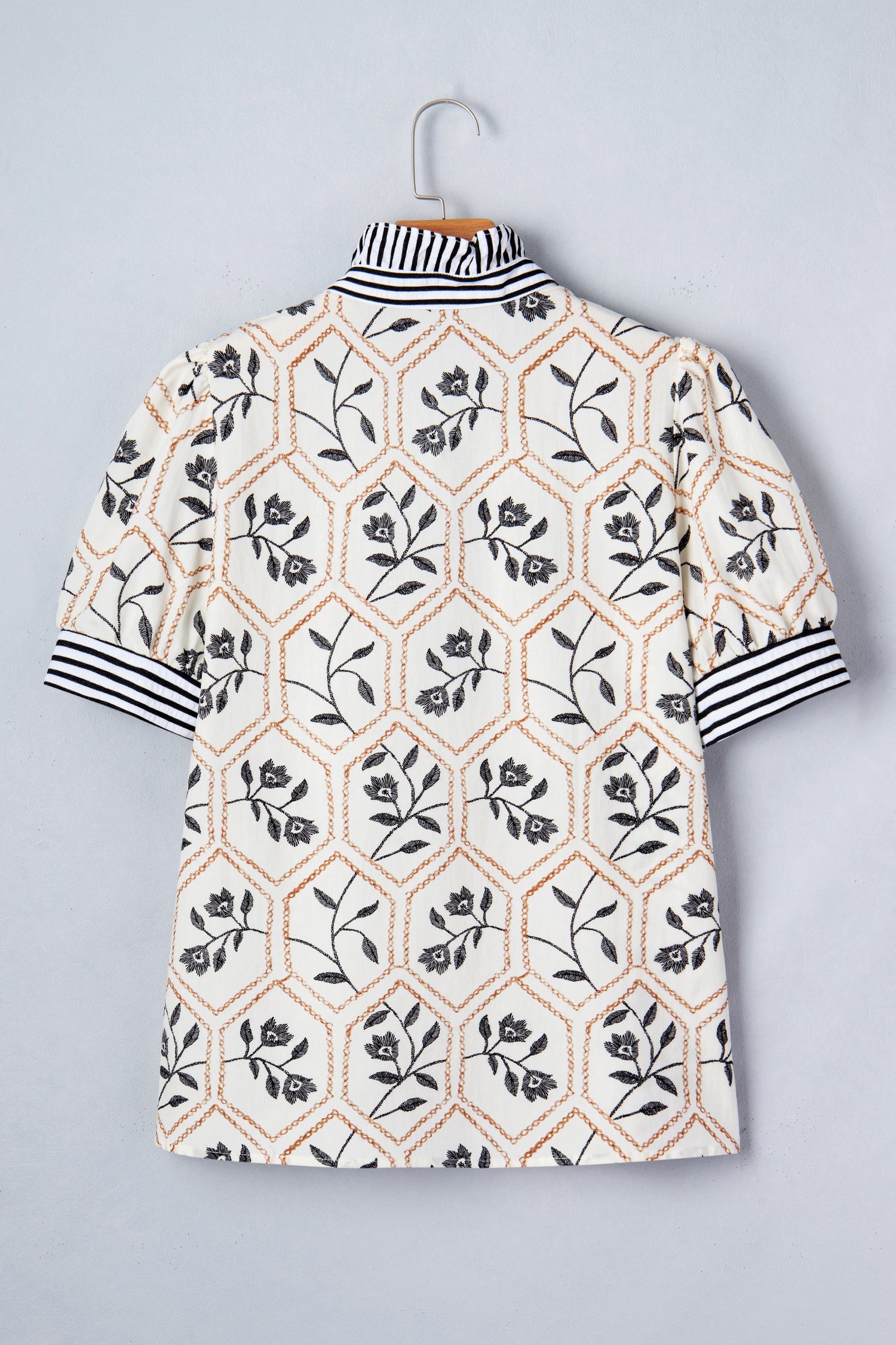 Women's Floral Stripe Patchwork Button Neck Blouse