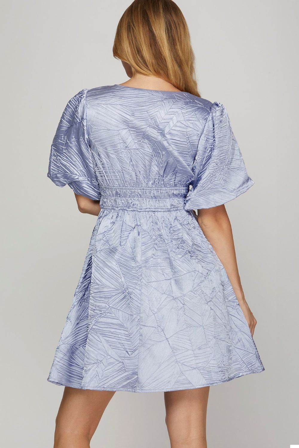 Crinkle Woven V-Neck Balloon Sleeve Mini Dress