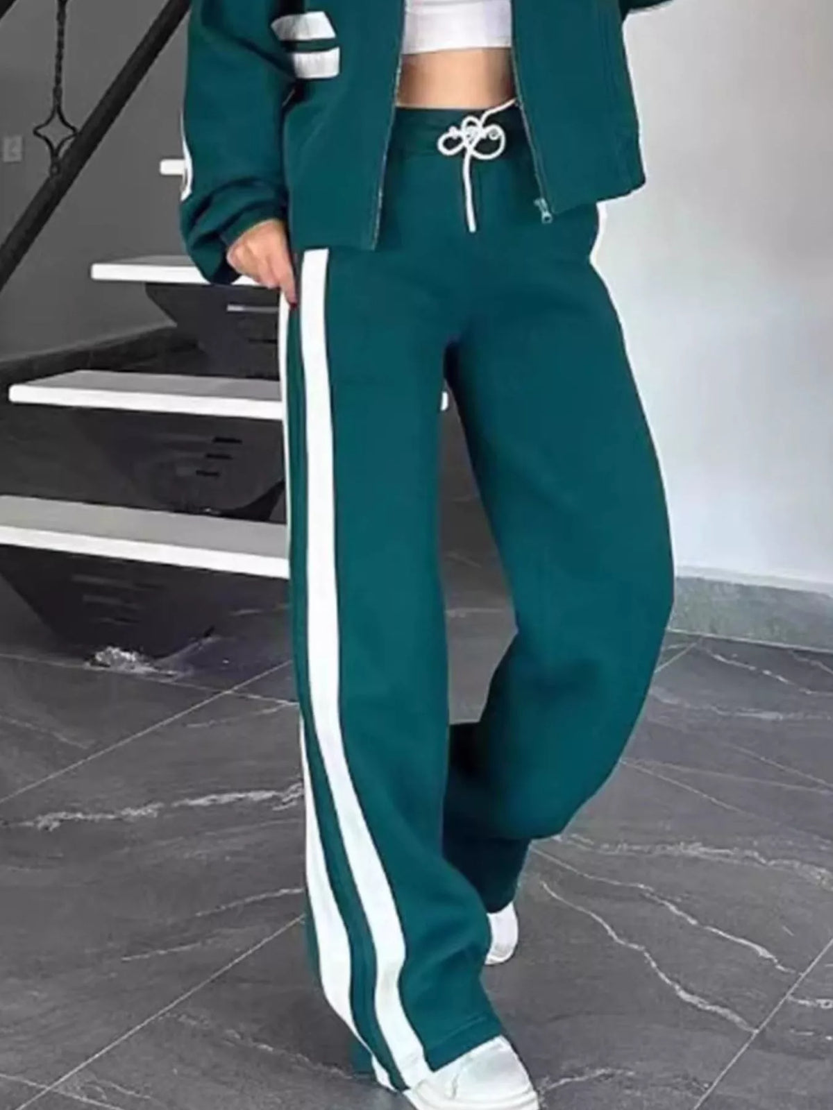 Full Size Contrast Stripe Zip Up Jacket and Pants Set Plus Size