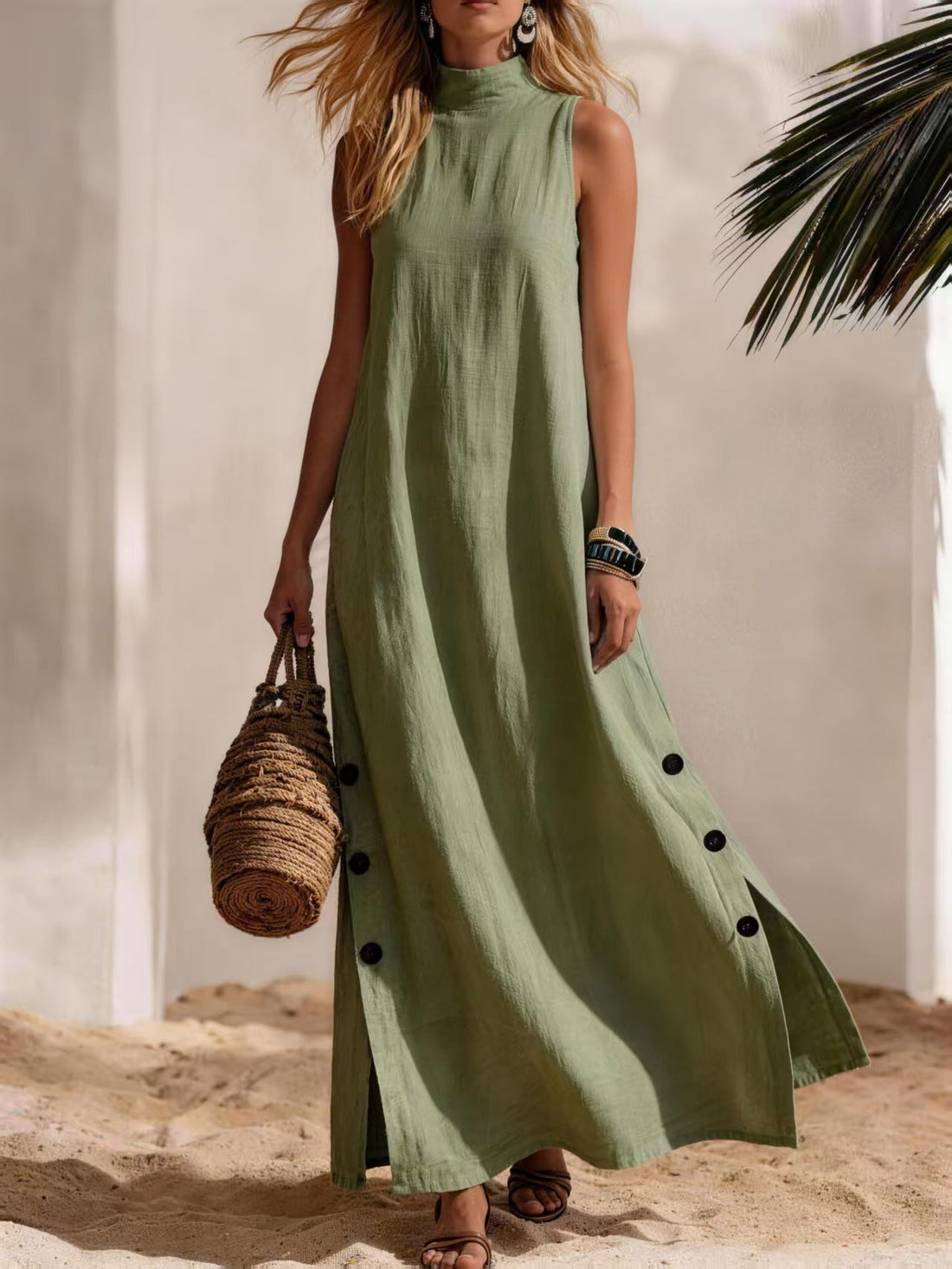 Cotton Linen Sleeveless Midi Dress with Side Slits – Loose Fit