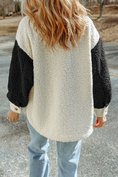 Women's Retro Sherpa Color Block Jacket with Collared Neck