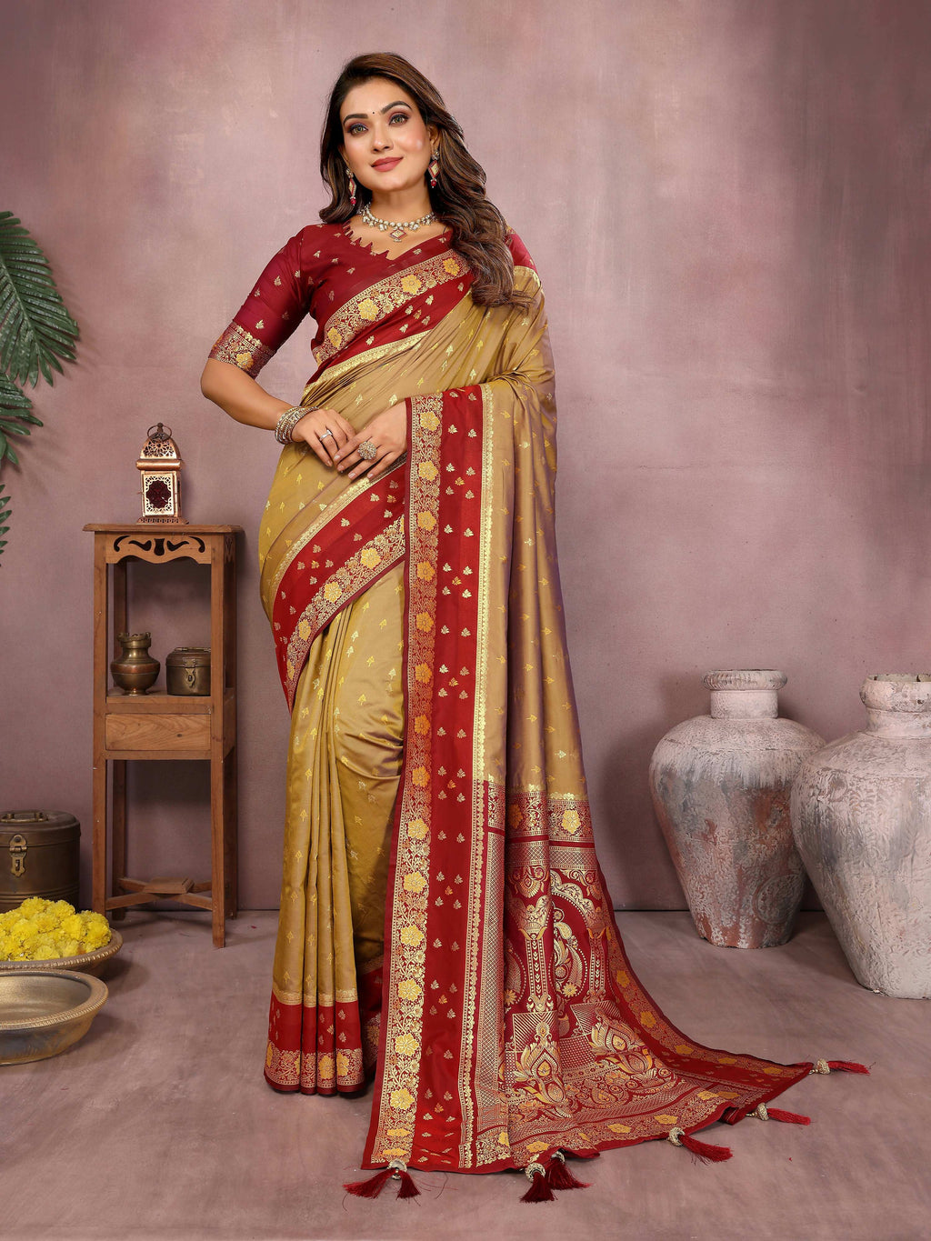 Mustard color Kalamkari silk saree with intricate zari woven border and motifs