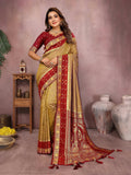 Mustard color Kalamkari silk saree with intricate zari woven border and motifs