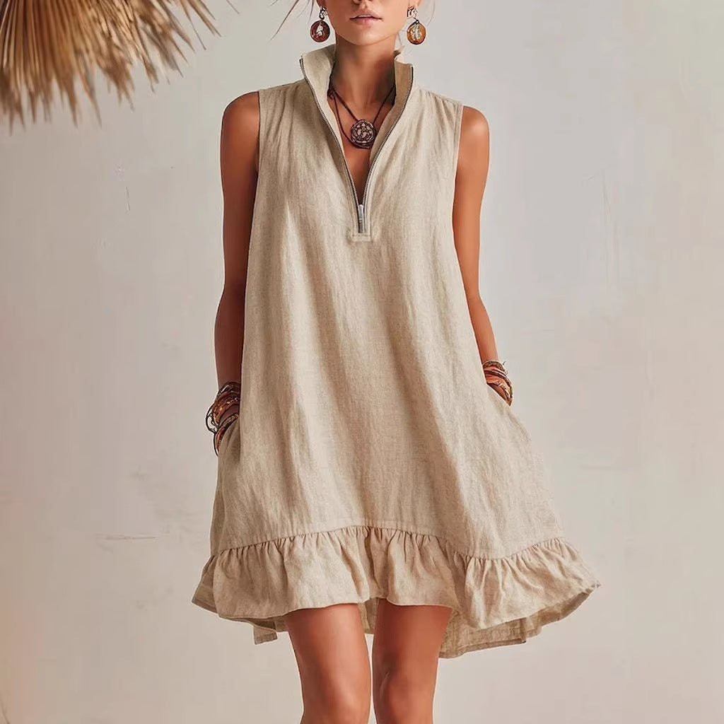 Women's Casual Sleeveless Half-Zip Mini Dress with Ruffle Hem - Image 3