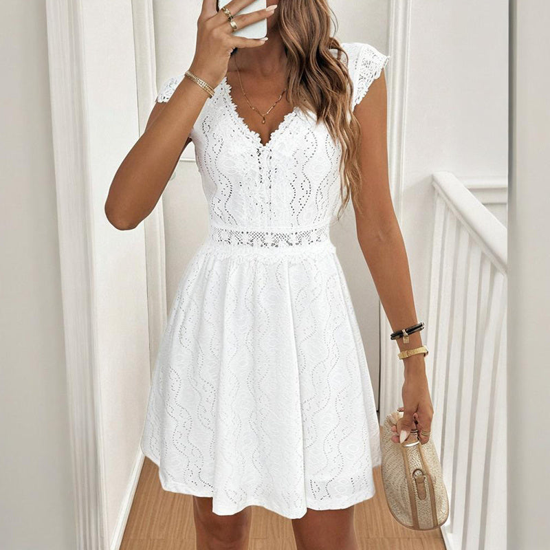 Women’s V‑Neck Short‑Sleeve Lace Trim Mini Dress - Image 5