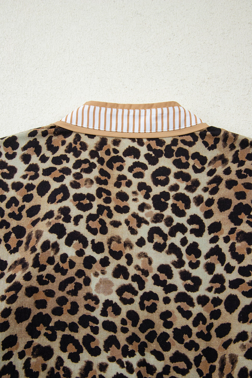 Khaki Leopard Print V-Neck Shirt with Contrast Striped Trim