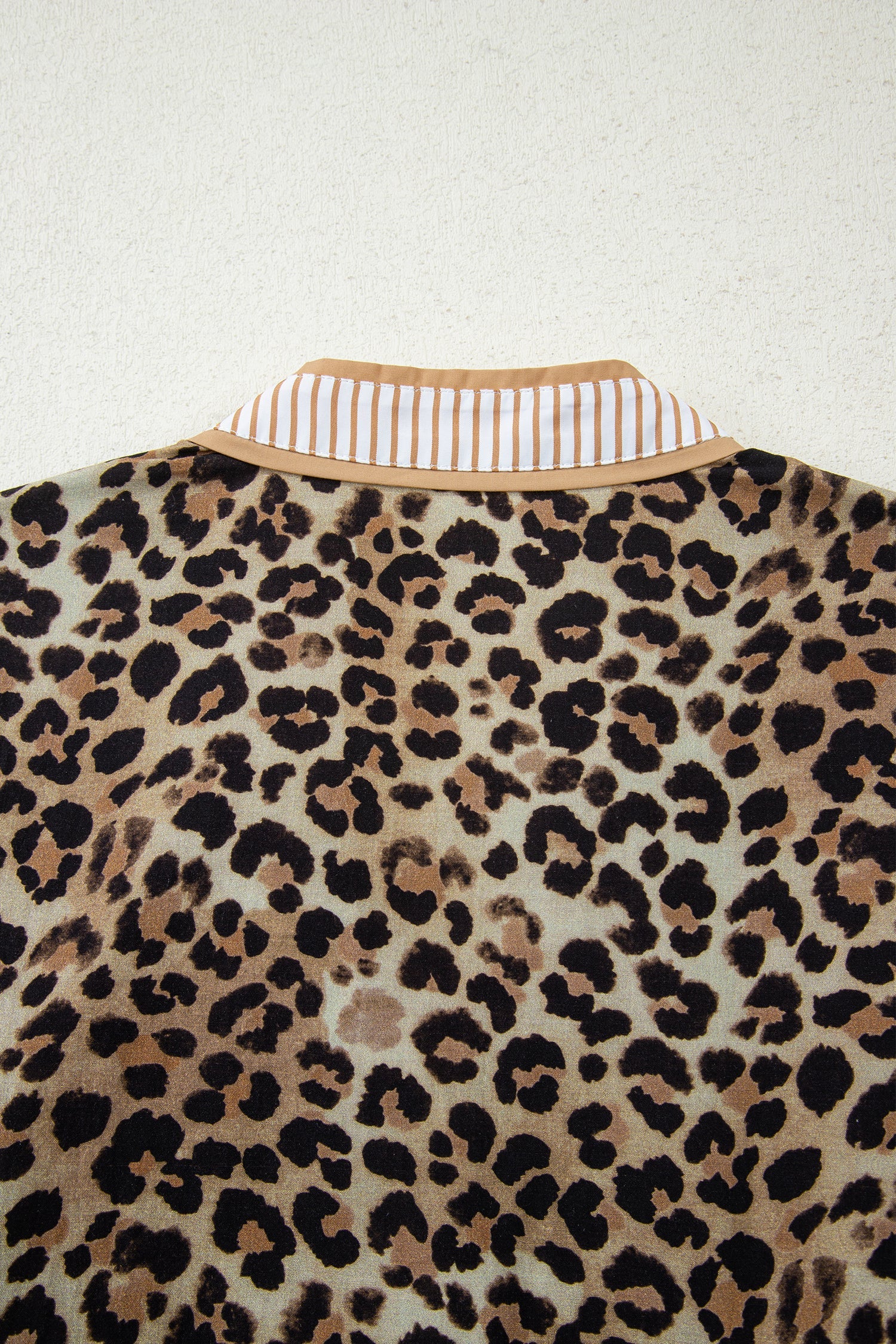 Khaki Leopard Print V-Neck Shirt with Contrast Striped Trim