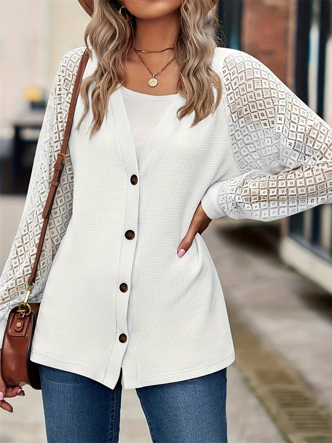 White V-Neck Long Sleeve Cardigan with Lace Detail Sleeves - Image 5