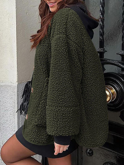 Women's Cozy Sherpa Fleece Button Up Jacket with Functional Pockets