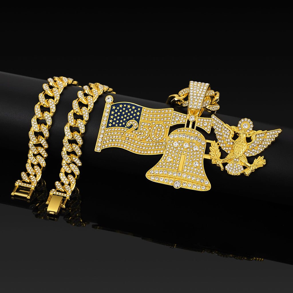 American 250Th Anniversary Liberty Bell White Eagle Pendant Necklace Alloy Diamond-Encrusted Cuban Chain Hip-Hop Accessory