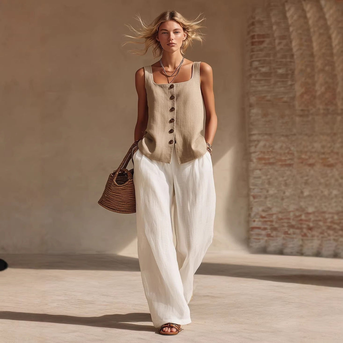 Model wearing a beige sleeveless button-down top and white wide-leg trousers as a set.