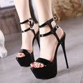Women's glossy black and white platform high heel sandals with ankle strap buckle