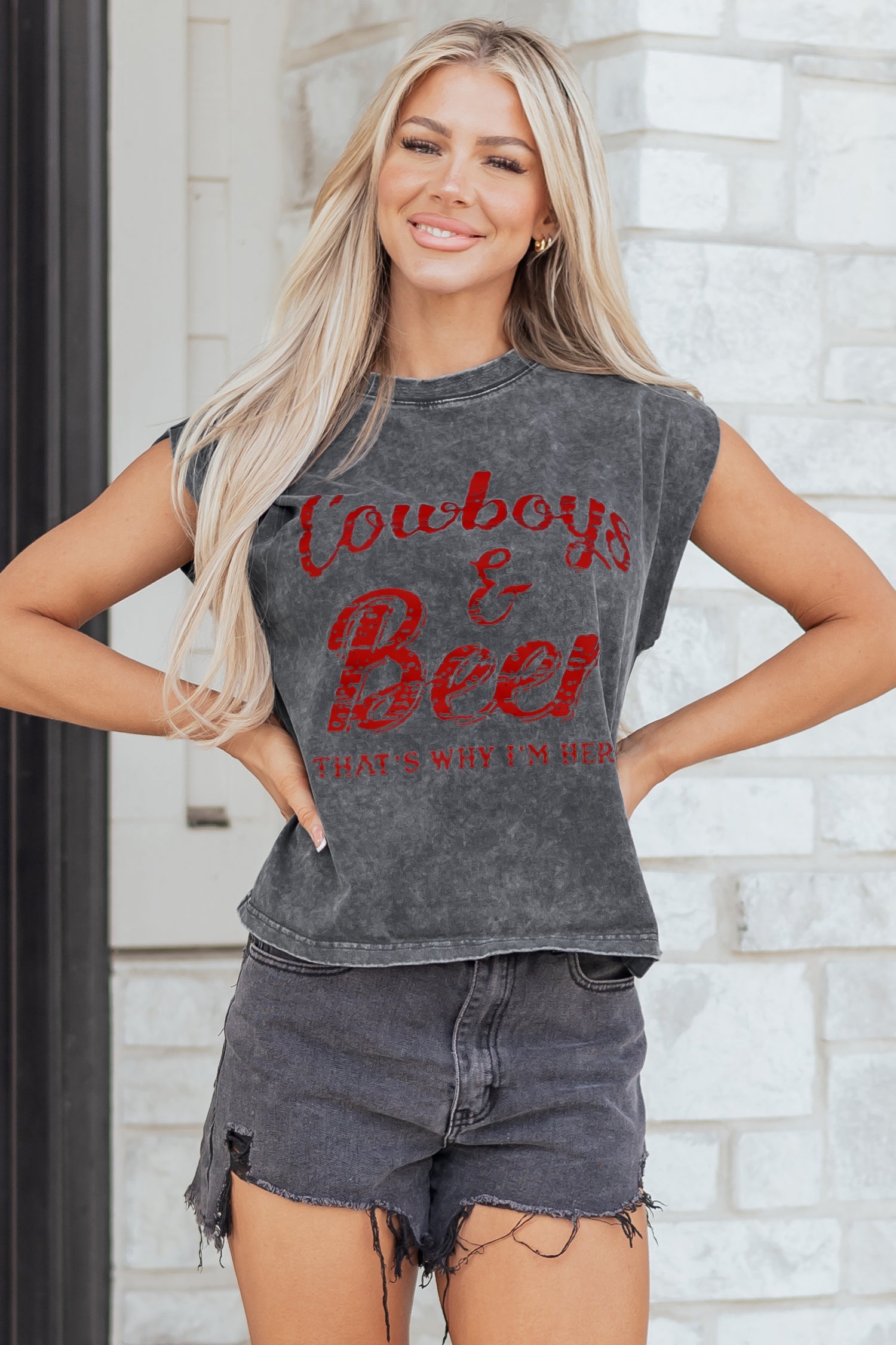 Smoke Gray Cowboy & Beer Western Graphic Mineral Wash Tank Top