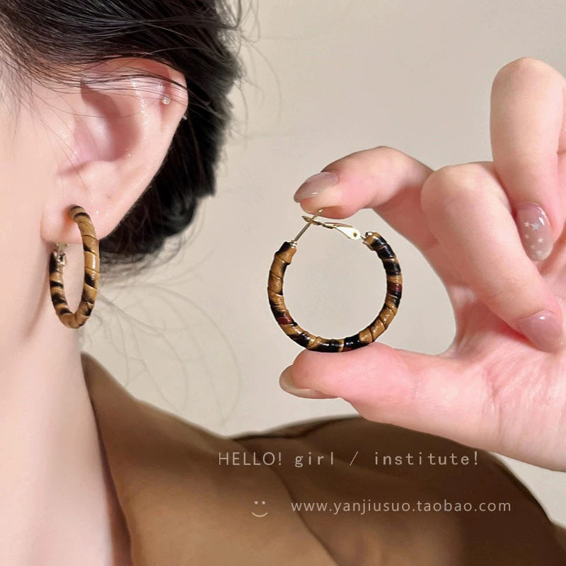 Vintage Leopard Print Woven Hoop Earrings For Women, Dainty Zebra Stripe Large Circle Earrings, Y2K Retro Boho Statement Jewelry Gift