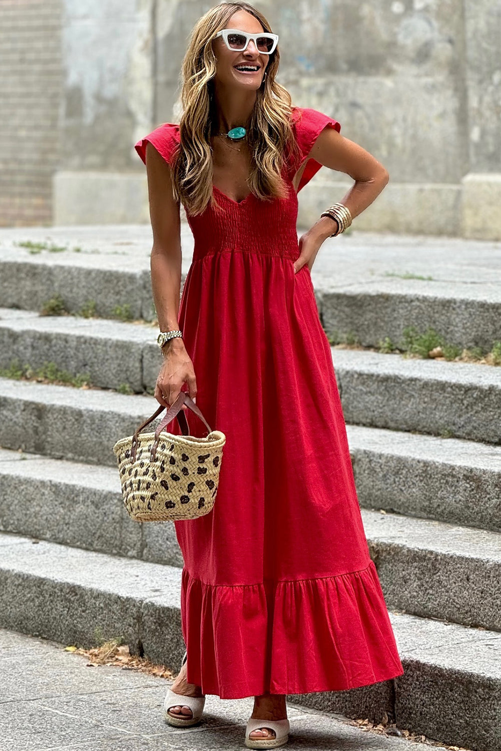 Fiery Red Cotton V-Neck Flutter Sleeve Maxi Dress