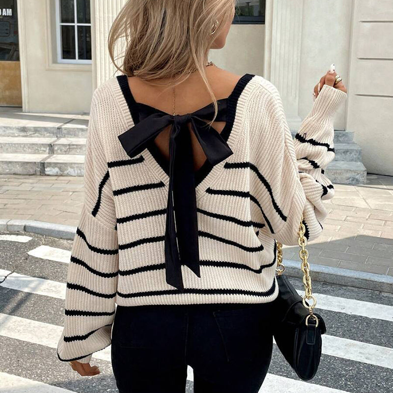Women's Striped V-Neck Sweater with Chic Back Bow Detail - Image 5