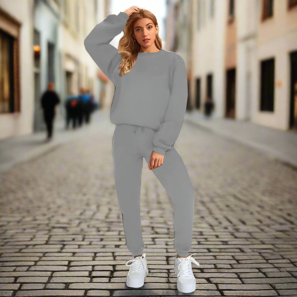 Women's Solid Color Round Neck Pullover Sweatshirt & Jogger Set - Image 9