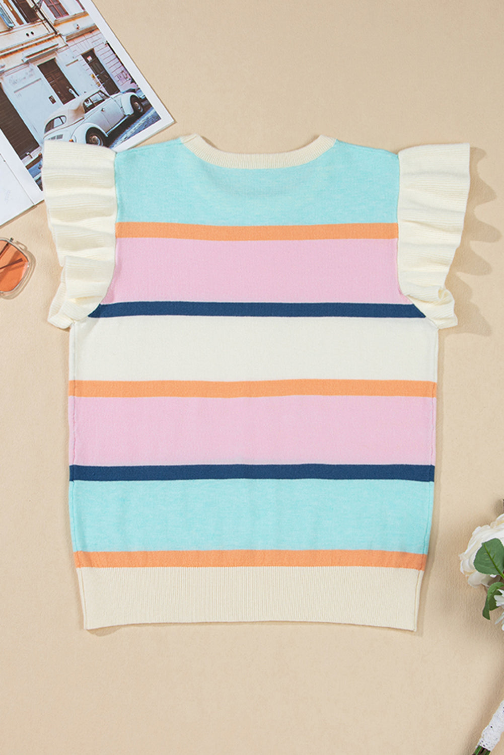 Yasmin Striped Flutter Sleeve Patchwork Knit Top - Image 8