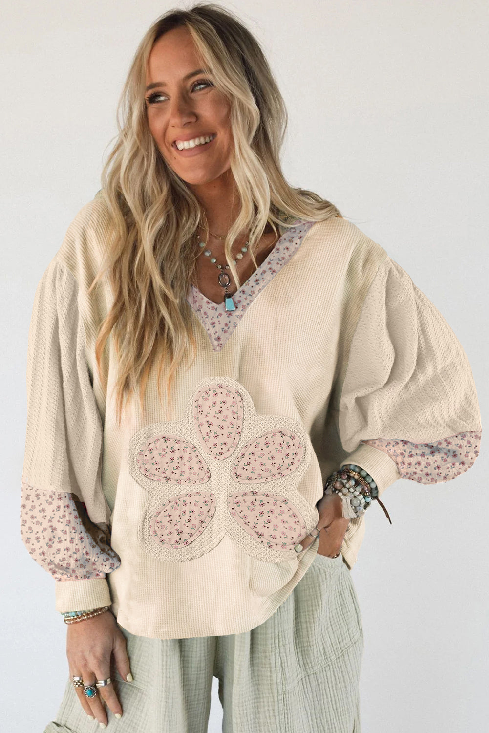 Beige Floral Textured Colorblock Patchwork Bishop Sleeve Hooded Top
